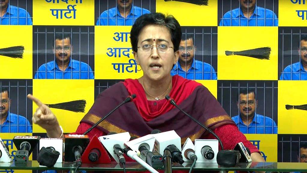 AAP leader and Delhi Minister Atishi addresses a press conference