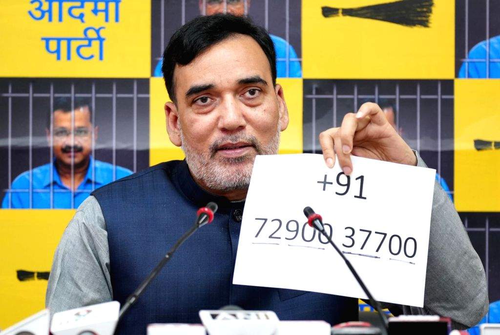 AAP leader and Minister Gopal Rai addresses the media at the party ...