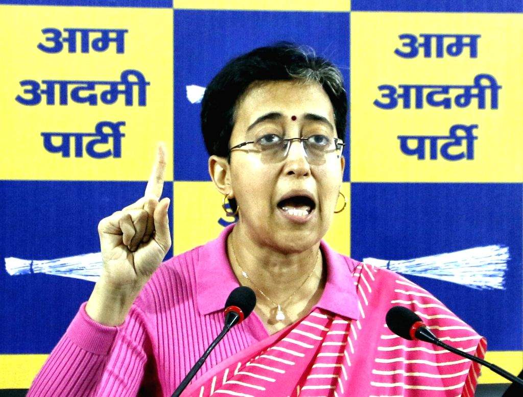 AAP leader Atishi addresses a press conference at party office