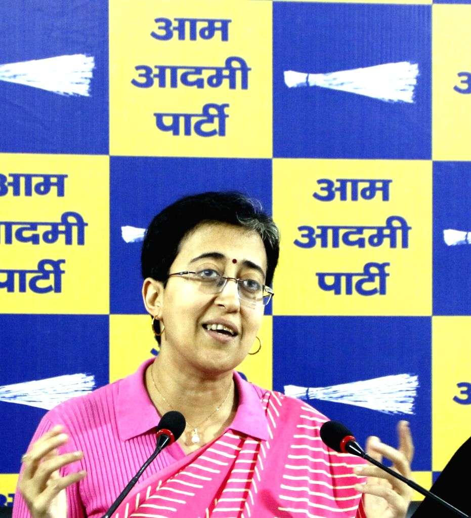 AAP leader Atishi addresses a press conference at party office