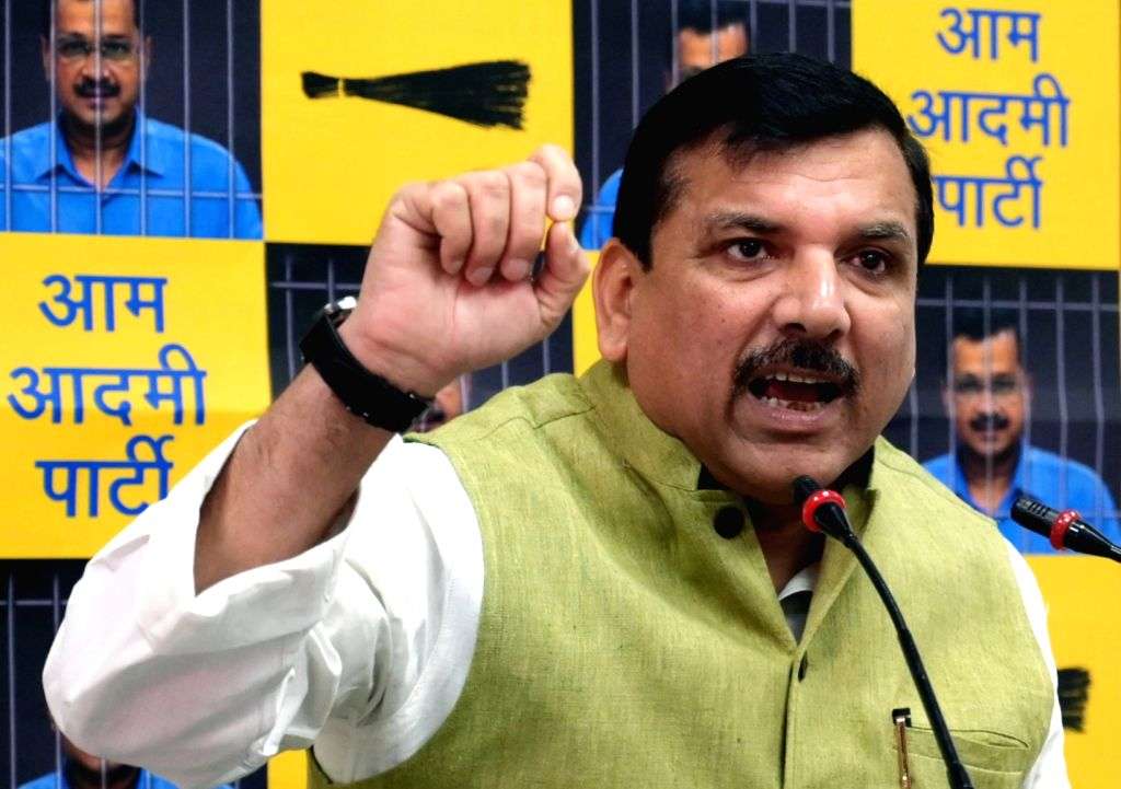 AAP leader Sanjay Singh speaks during a press conference