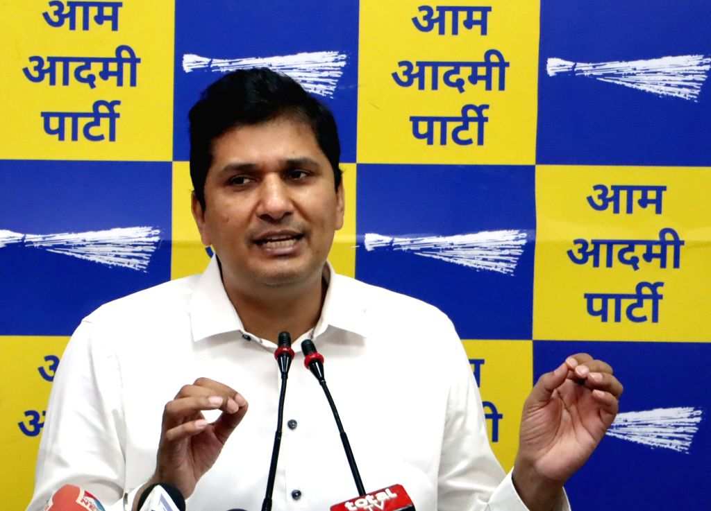 AAP leaders and Delhi Ministers Saurabh Bhardwaj and Atishi address a ...
