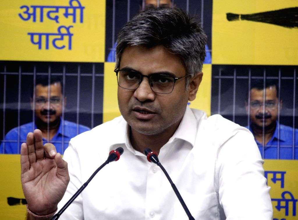AAP leaders Sandeep Pathak, Atishi and Saurabh Bharadwaj address a ...