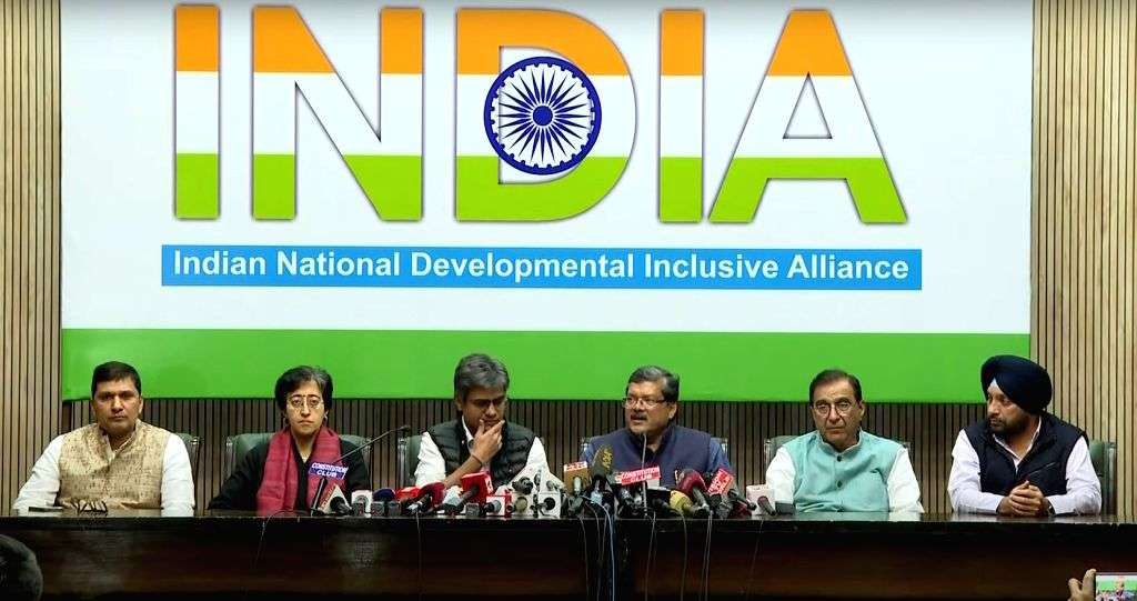 AAP leaders Saurabh Bharadwaj, Atishi Singh and Sandeep Pathak with ...