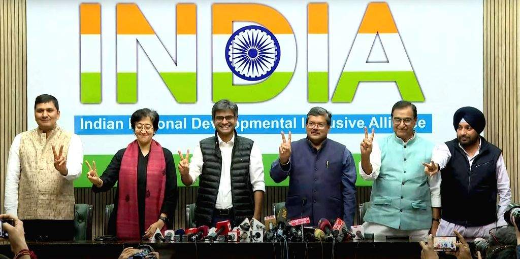 AAP leaders Saurabh Bharadwaj, Atishi Singh and Sandeep Pathak with ...