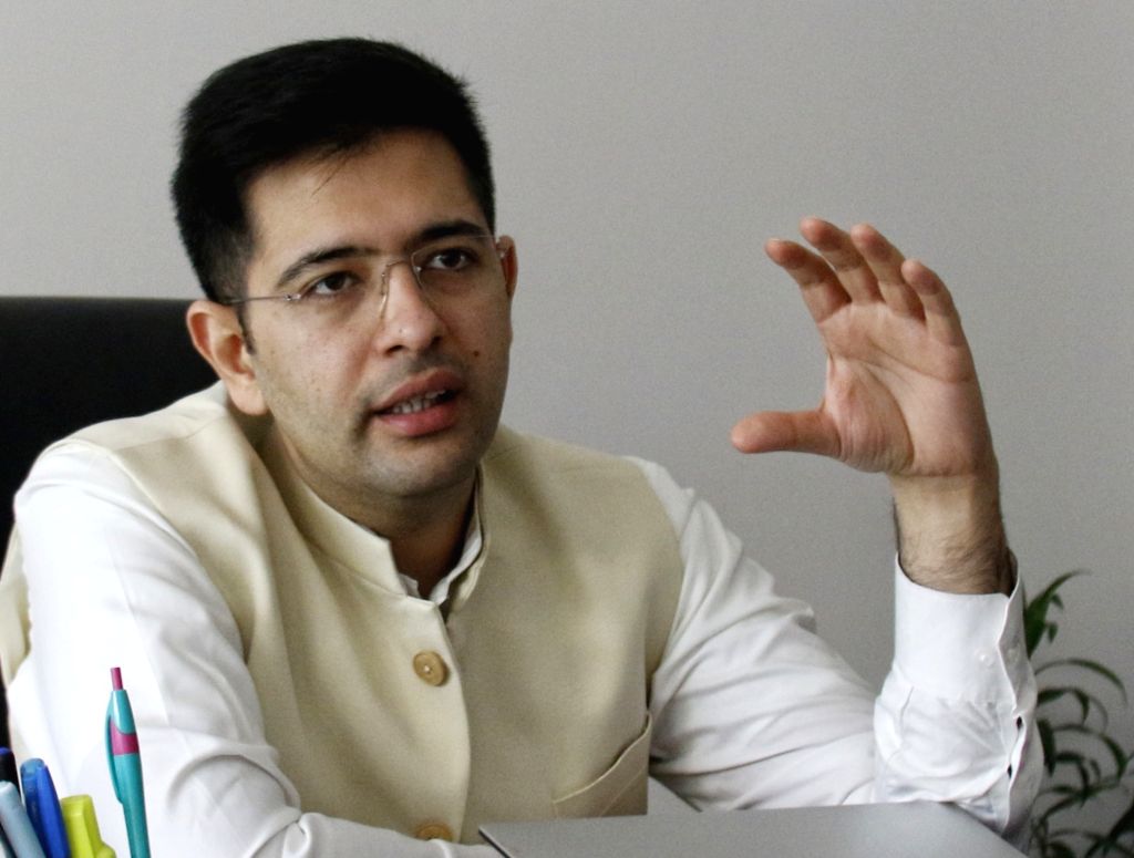AAP MP Raghav Chadha addresses during an interview
