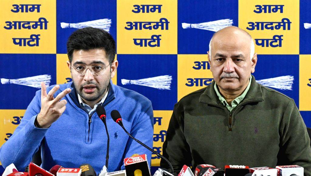 Cm Raghav AAP MP Raghav Chadha and former Delhi CM Manish Sisodia address a press ...