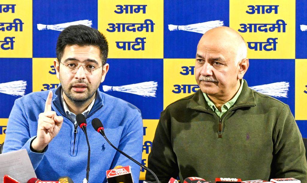 Cm Raghav AAP MP Raghav Chadha and former Delhi CM Manish Sisodia address a press ...