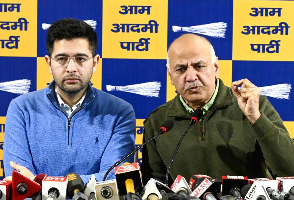 Cm Raghav AAP MP Raghav Chadha and former Delhi CM Manish Sisodia address a press ...