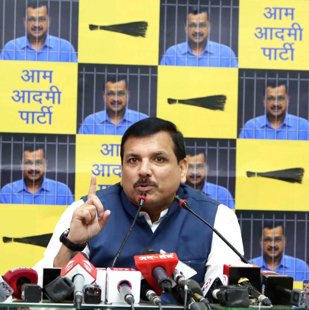 AAP MP Sanjay Singh addresses a press conferenc