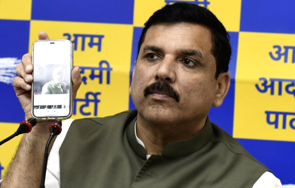 AAP MP Sanjay Singh addresses a press conference