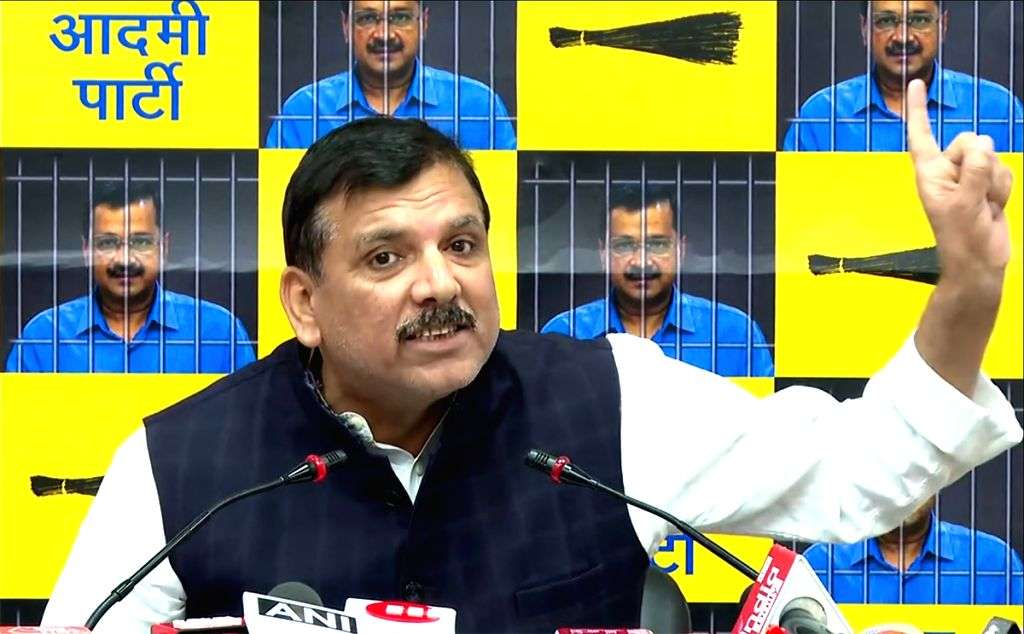 AAP MP Sanjay Singh addresses a press conference