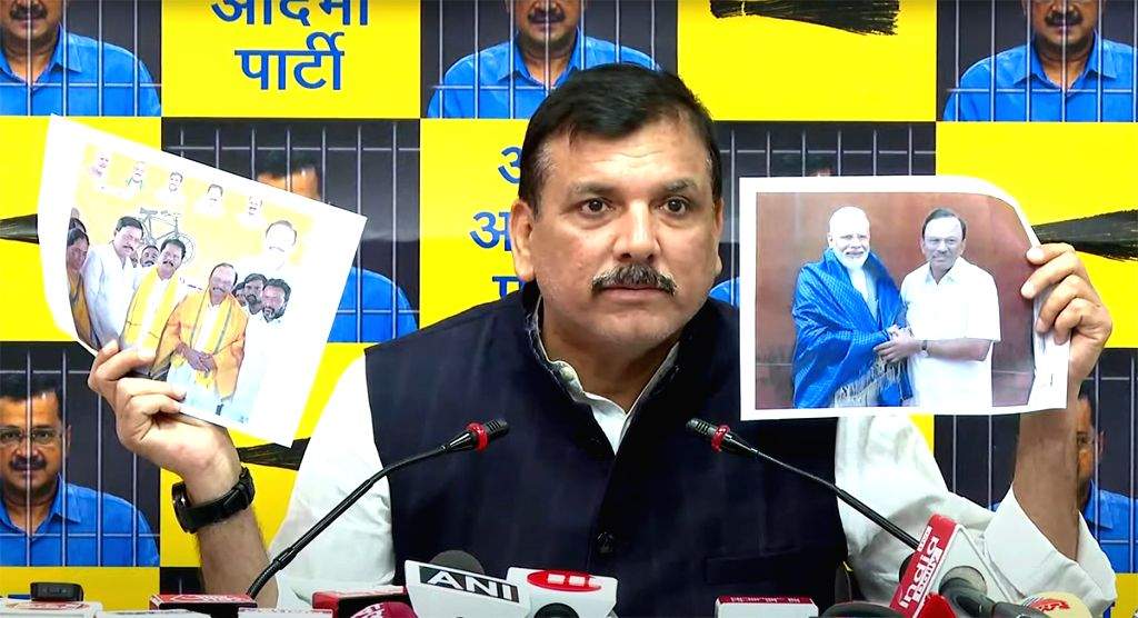 AAP MP Sanjay Singh addresses a press conference