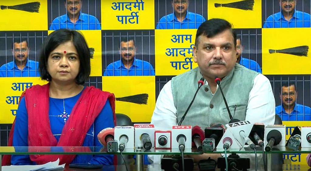 AAP MP Sanjay Singh addresses a press conference at party office