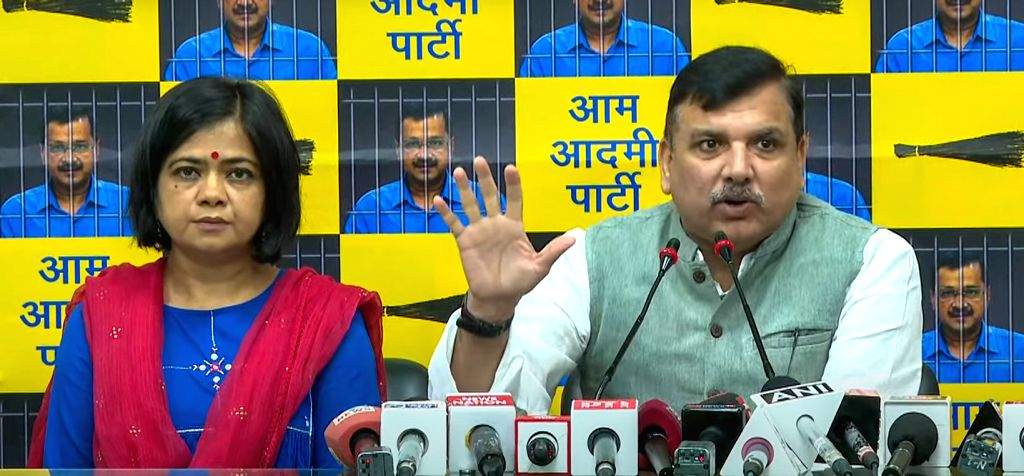 AAP MP Sanjay Singh addresses a press conference at party office