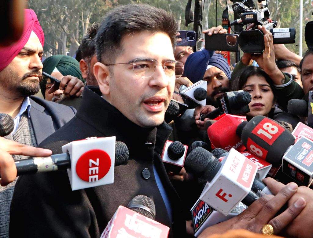 AAP Rajya Sabha MP Raghav Chadha addresses media outside the Chandigarh ...