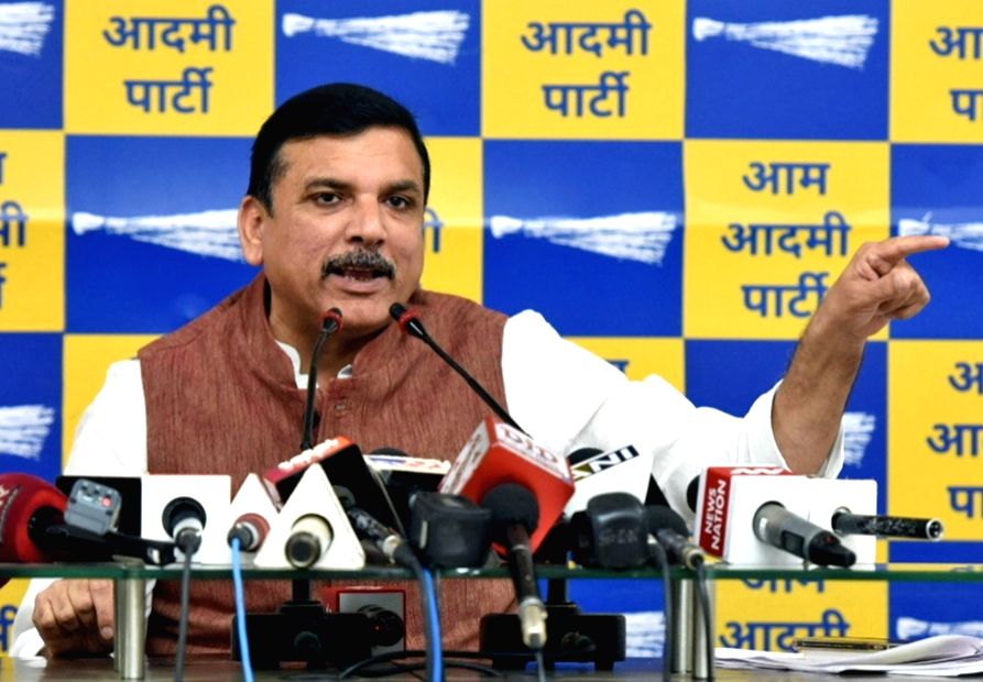 AAP Rajya Sabha MP Sanjay Singh addresses a press conference