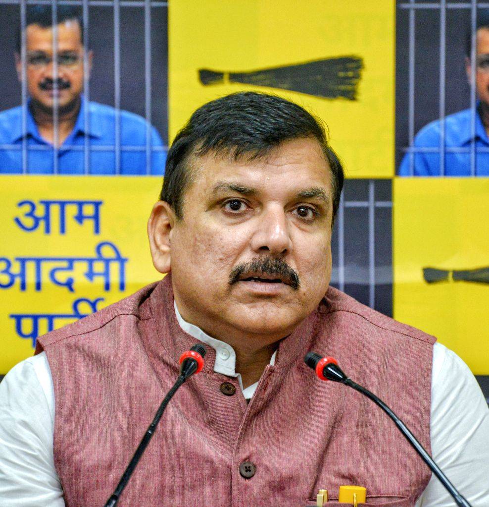 AAP Rajya Sabha MP Sanjay Singh addresses a press conference at party ...