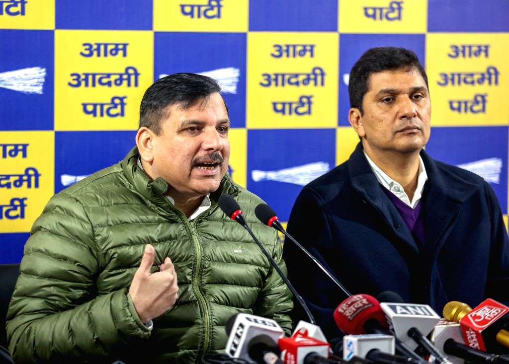 AAP Rajya Sabha MP Sanjay Singh addresses a press conference