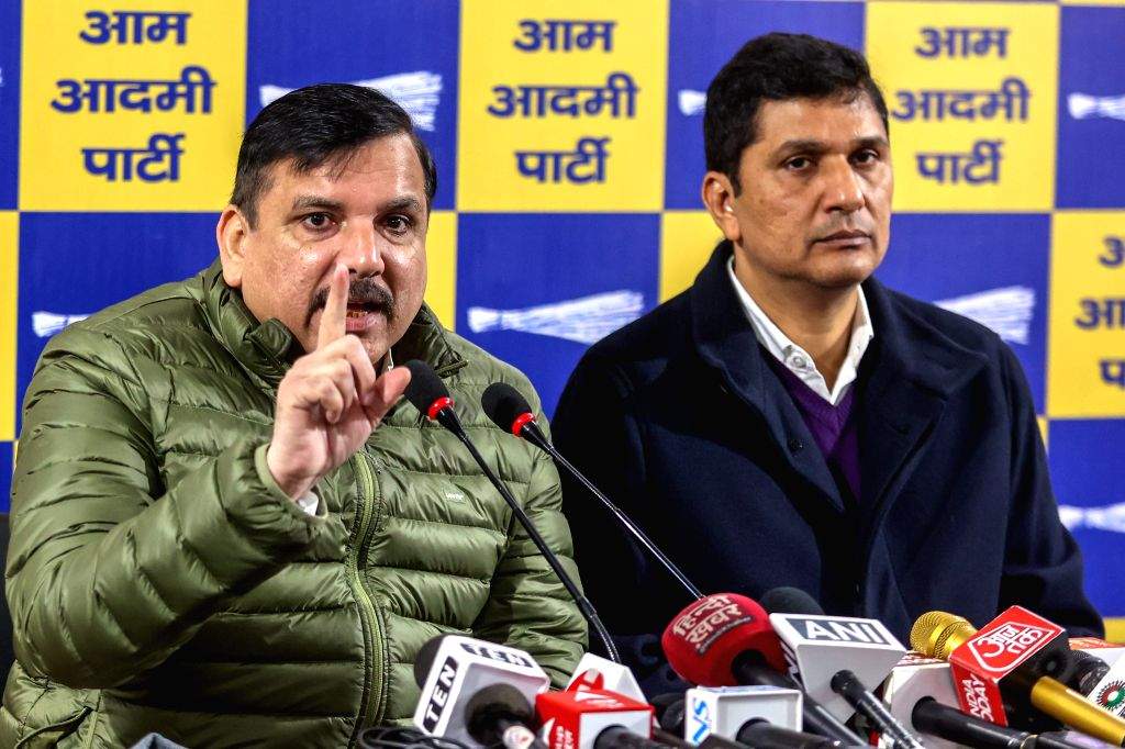 AAP Rajya Sabha MP Sanjay Singh addresses a press conference