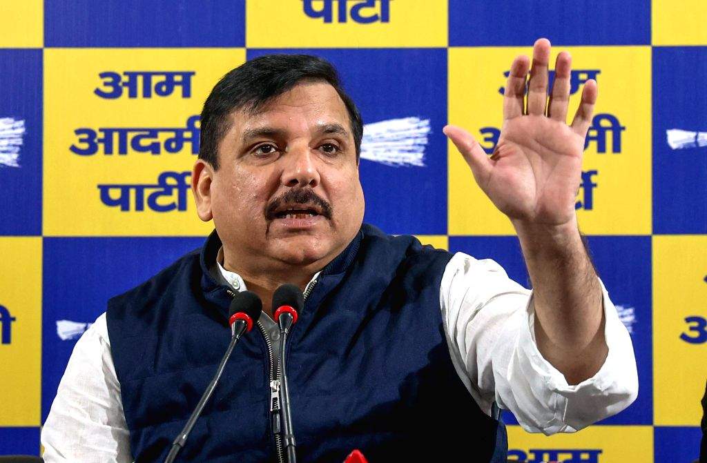 AAP Rajya Sabha MP Sanjay Singh addresses a press conference