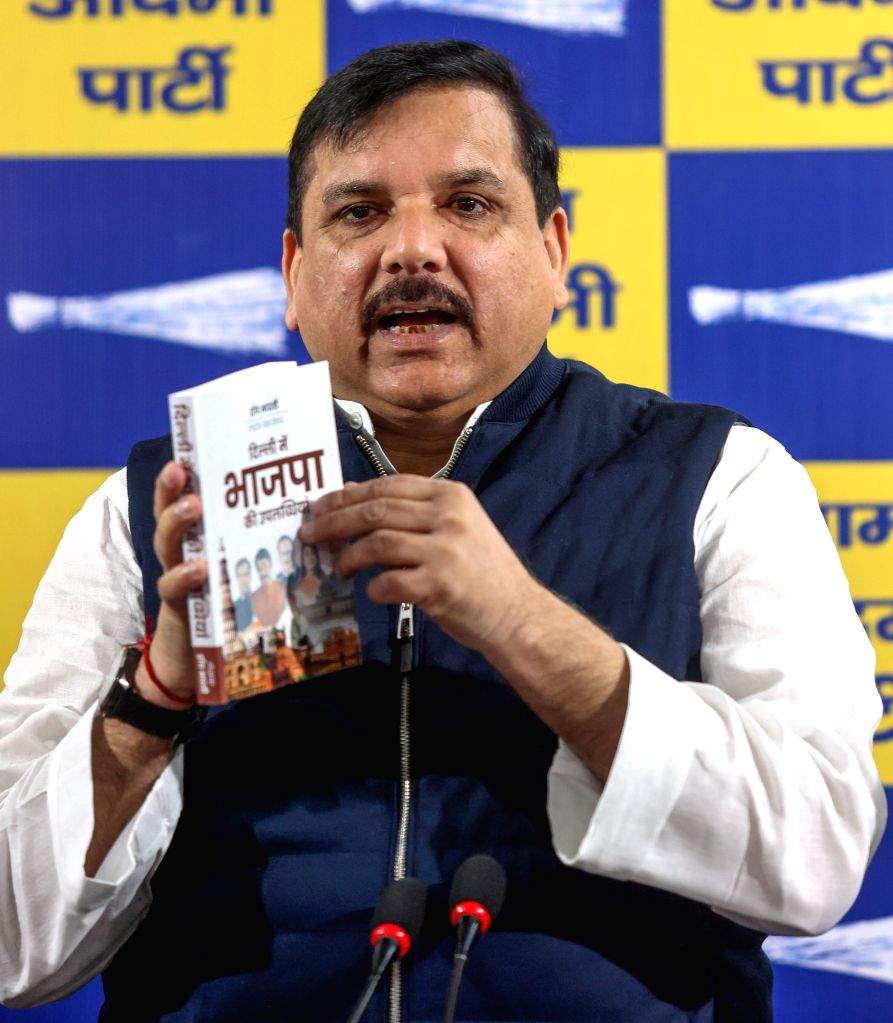 AAP Rajya Sabha MP Sanjay Singh addresses a press conference