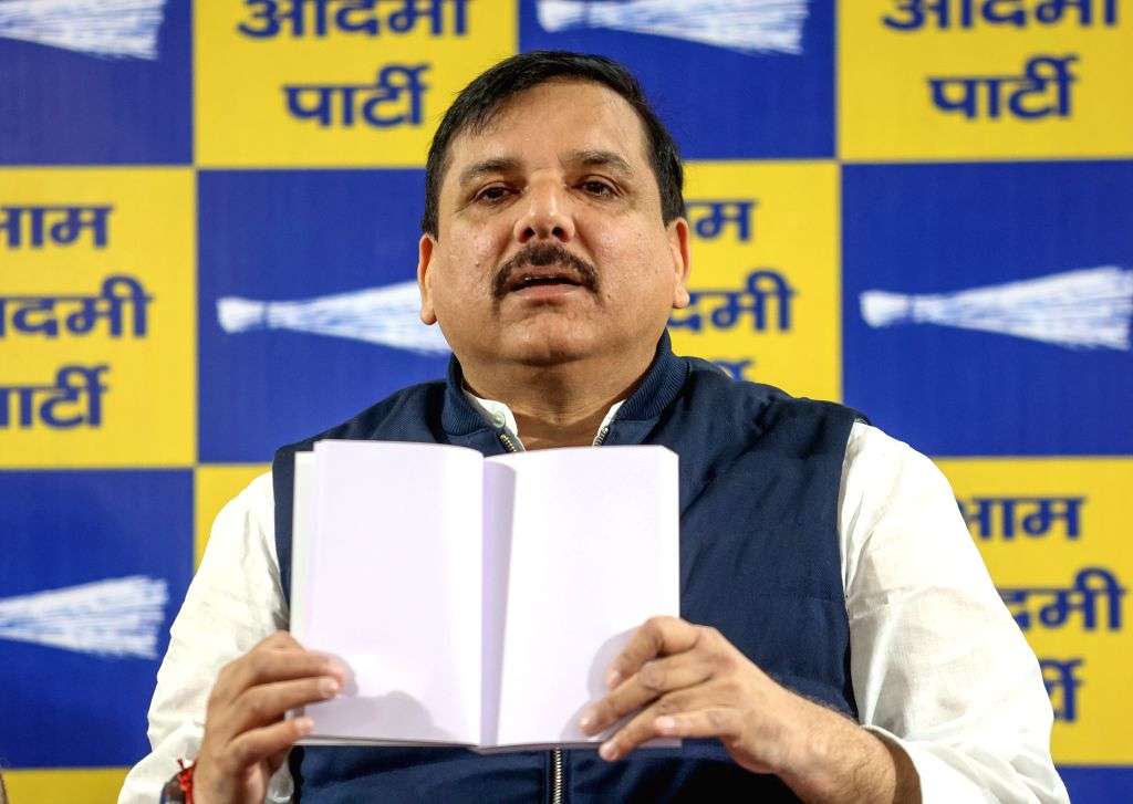 AAP Rajya Sabha MP Sanjay Singh addresses a press conference