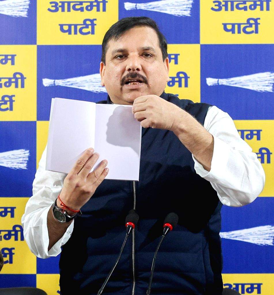 AAP Rajya Sabha MP Sanjay Singh addresses a press conference
