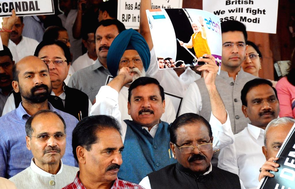 New Delhi : AAP Rajya Sabha MP Sanjay Singh and along with other MPs ...