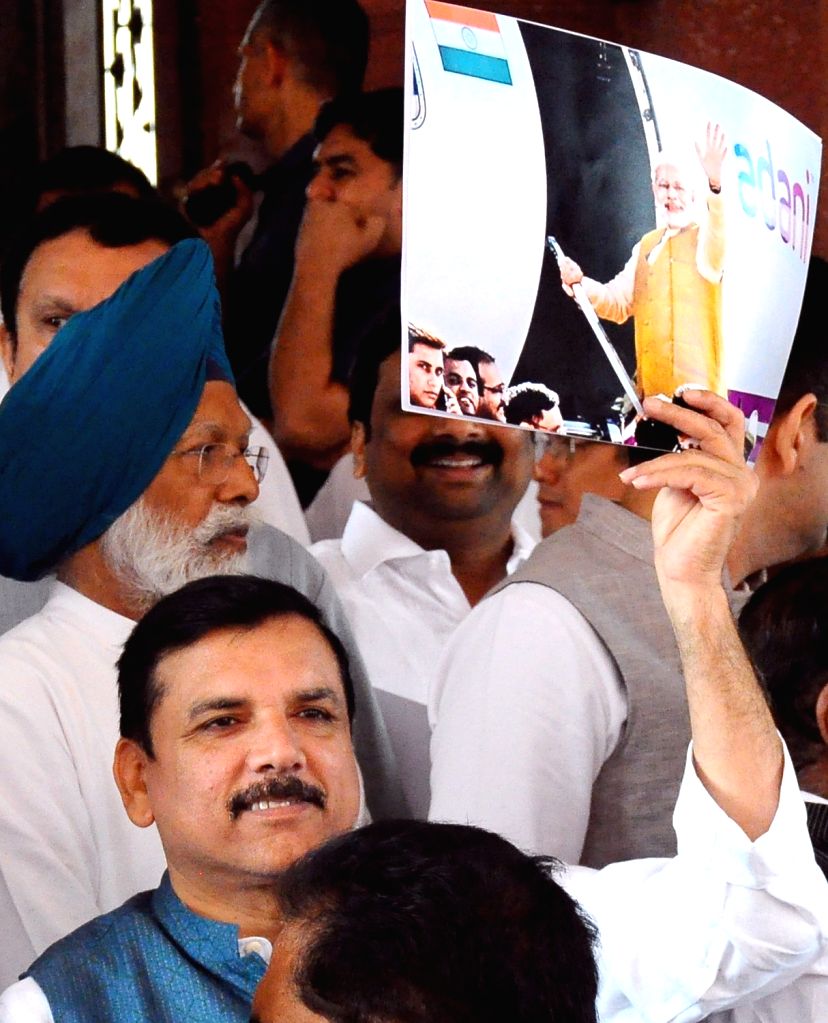 New Delhi : AAP Rajya Sabha MP Sanjay Singh and along with other MPs ...