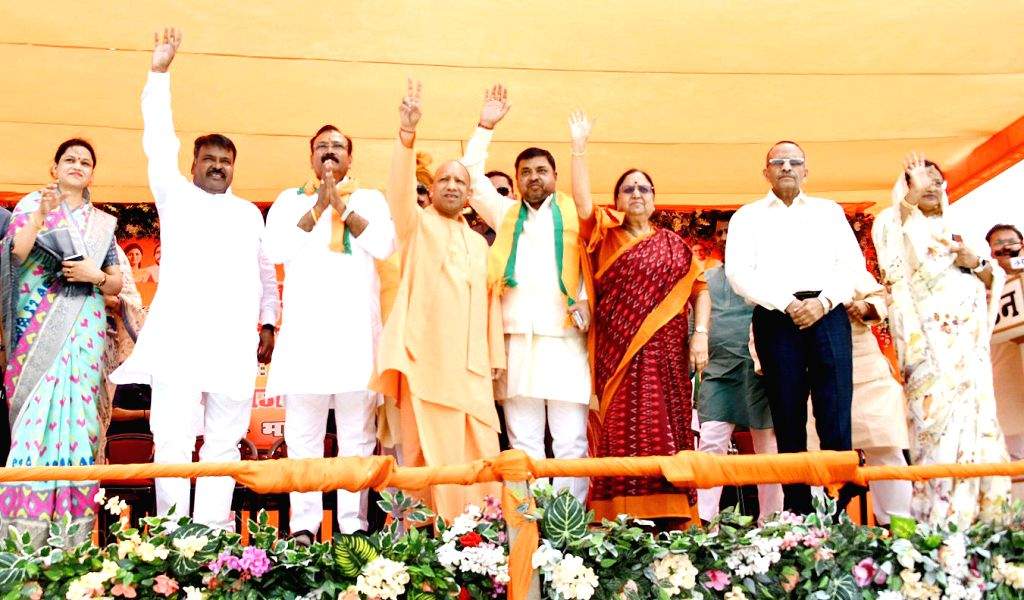 Uttar Pradesh Chief Minister Yogi Adityanath with party leaders during ...