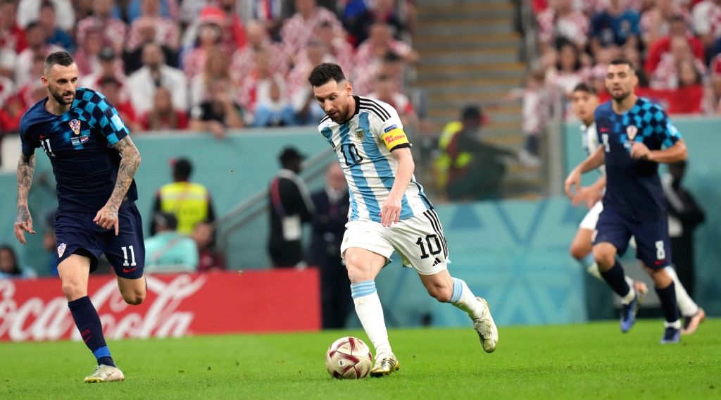 Argentina's Lionel Messi, dribbles the ball during the World Cup semi final soccer match between Argentina and Croatia at the Lusail Stadium in Lusail, Qatar, Tuesday, Dec. 13, 2022.