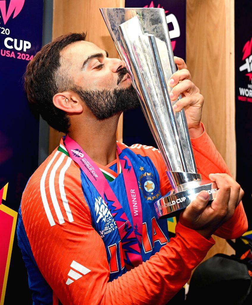 Barbados India s Virat Kohli Poses With Trophy After The Team s 