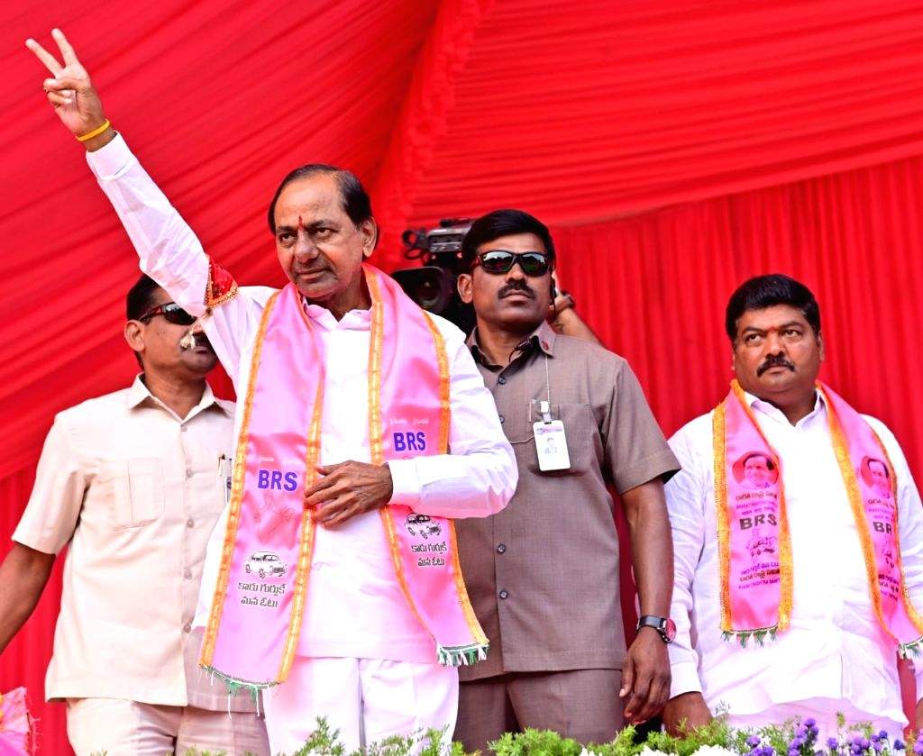 Bharat Rashtra Samithi (BRS) president K chandersheker Rao waves to ...