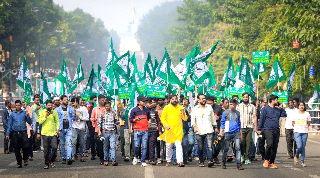 Biju Janata Dal (BJD) workers protest against the BJP Government