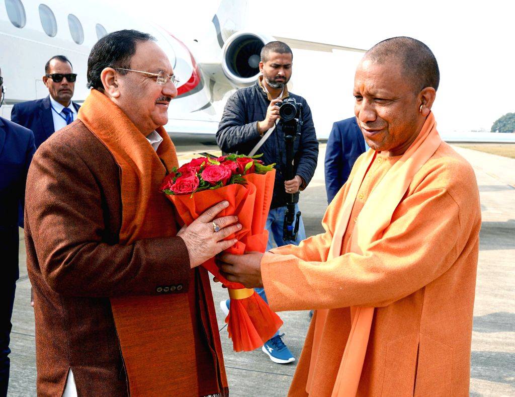 BJP National President J.P Nadda being received by Uttar Pradesh Chief ...
