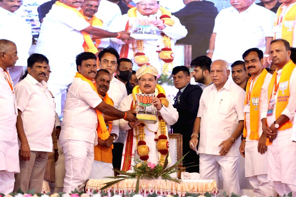Vijayapura : BJP National President JP Nadda being presented a memento ...