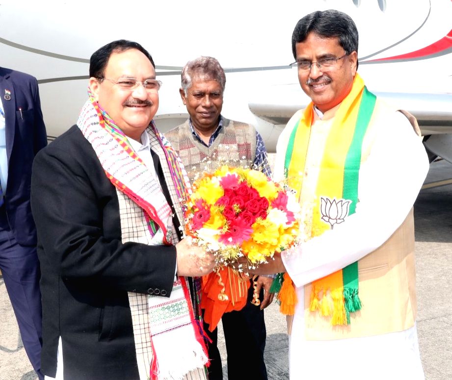 BJP National President JP Nadda being welcomed by Tripura Chief ...