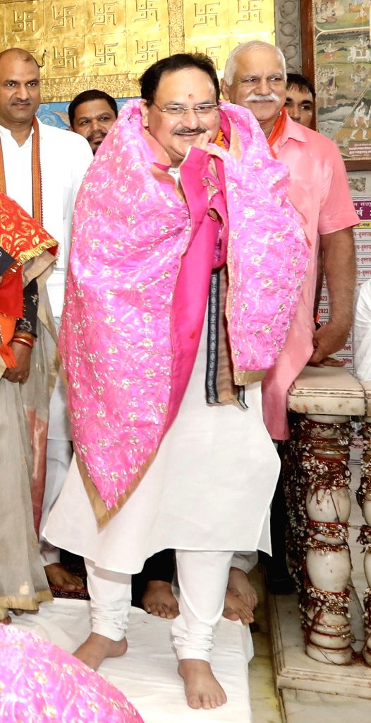 BJP National President JP Nadda offers prayers at Moti Dungri Ganesh temple