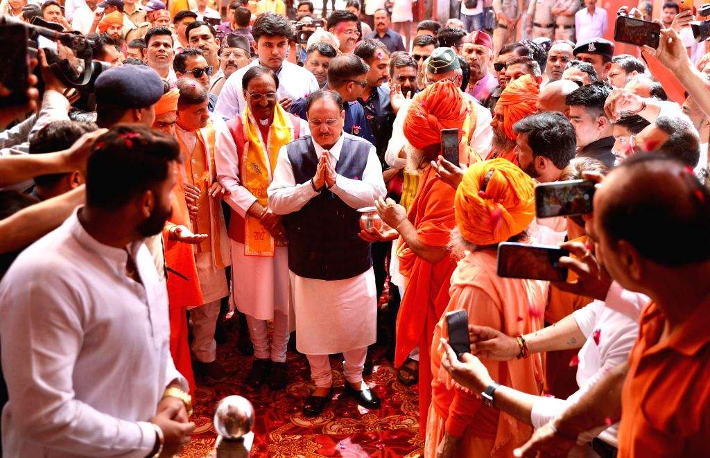 BJP National President JP Nadda offers prayers at Maya Devi Temple