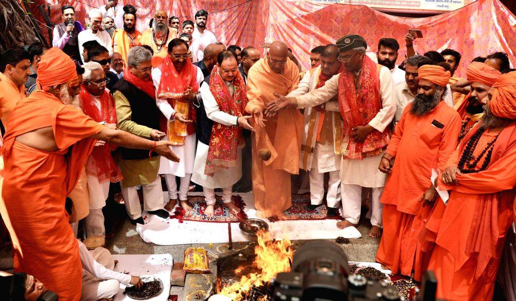 BJP National President JP Nadda offers prayers at Maya Devi Temple