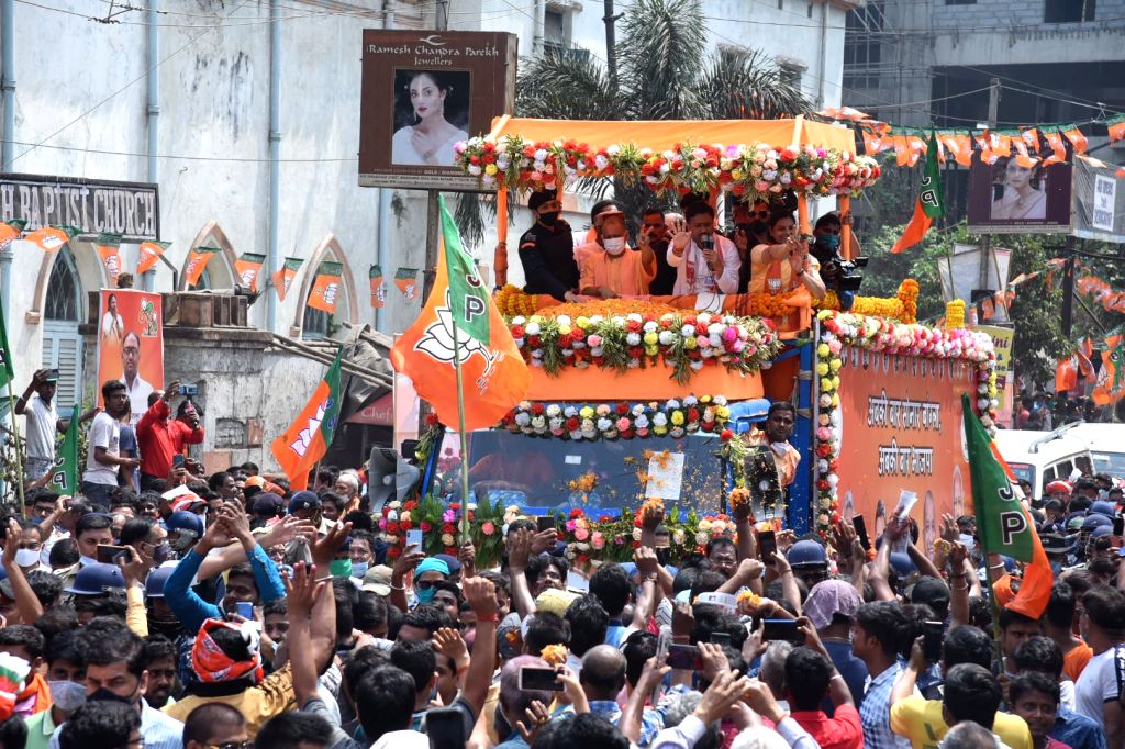 Chief Minister of Uttar Pradesh Yogi Adityanath at a roadshow ahead of ...