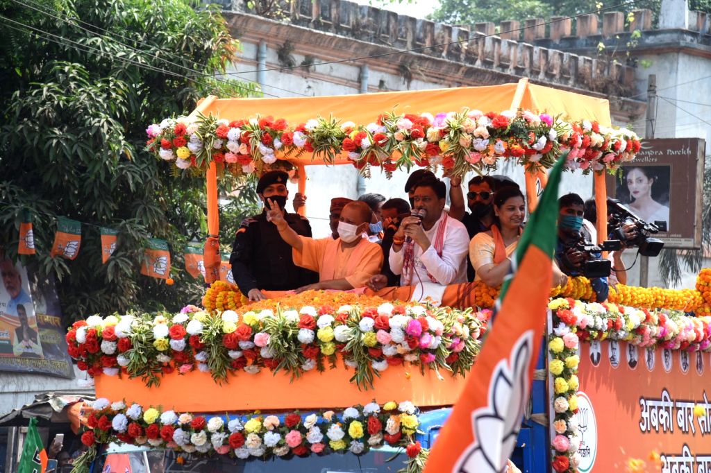 Chief Minister of Uttar Pradesh Yogi Adityanath at a roadshow ahead of ...