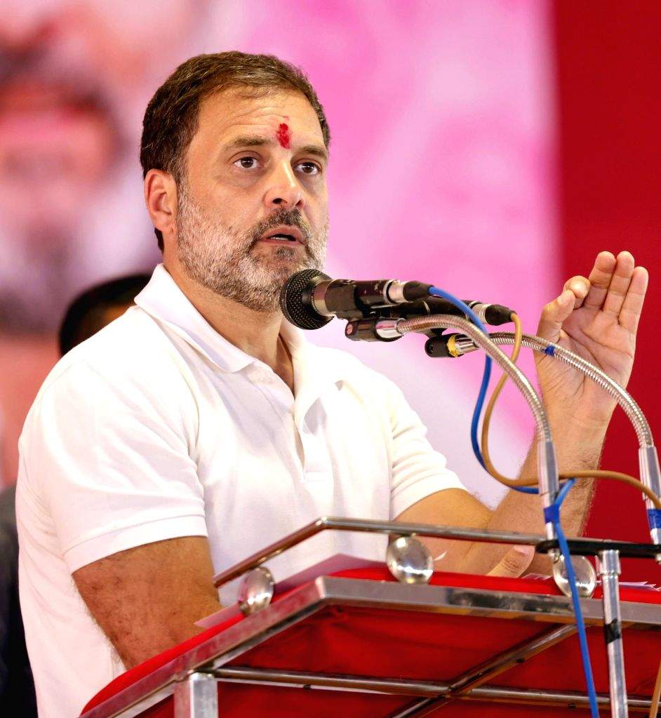 Congress leader Rahul Gandhi during a public meeting in Dhule
