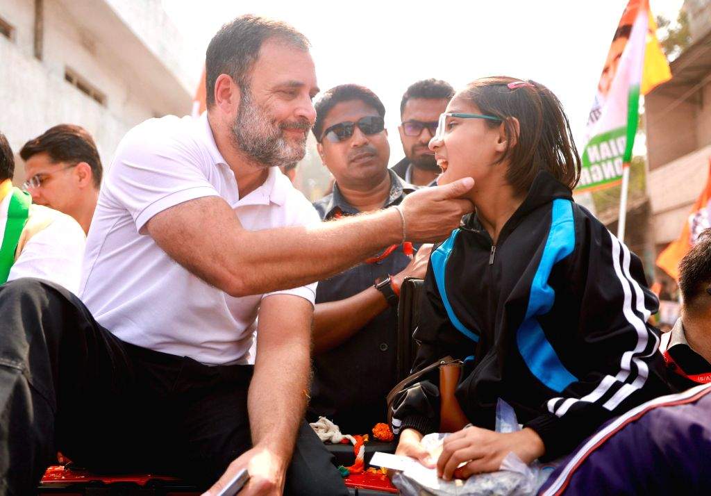 Congress leader Rahul Gandhi pays tribute to Mahatma Gandhi during the ...