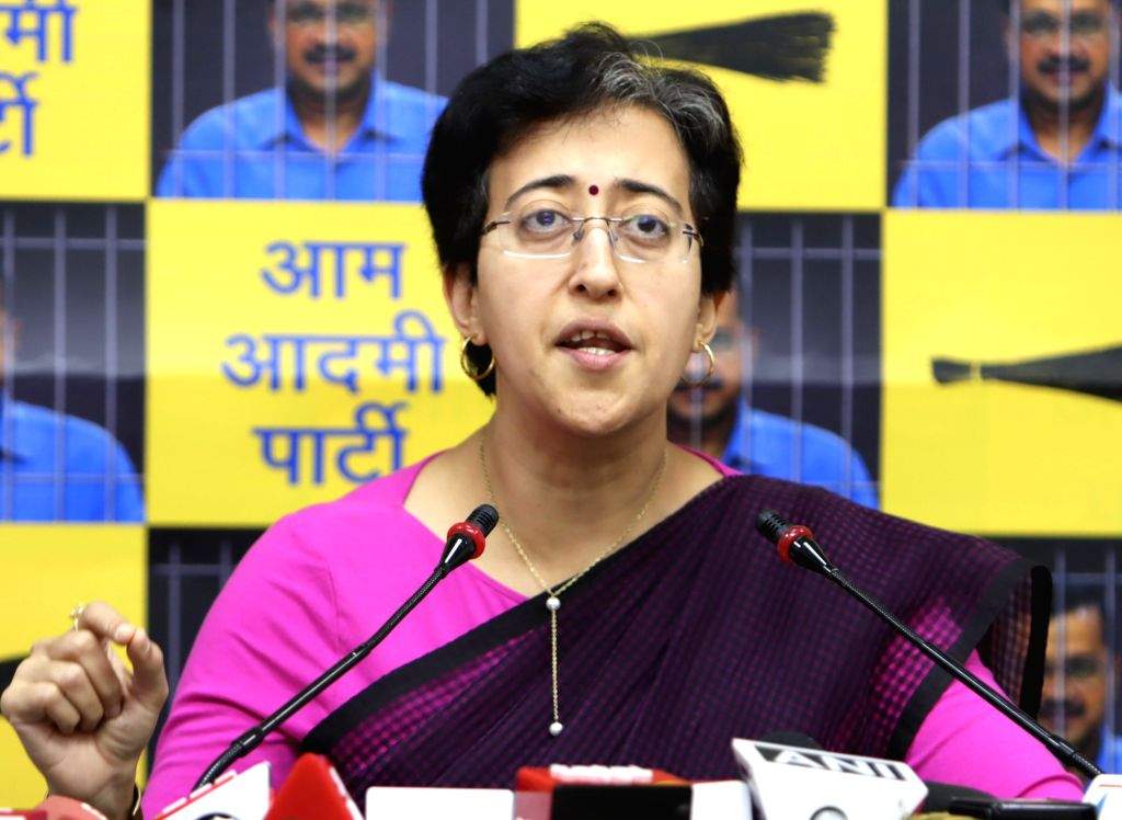Delhi Minister and Aam Aadmi Party (AAP) leader Atishi addresses a ...