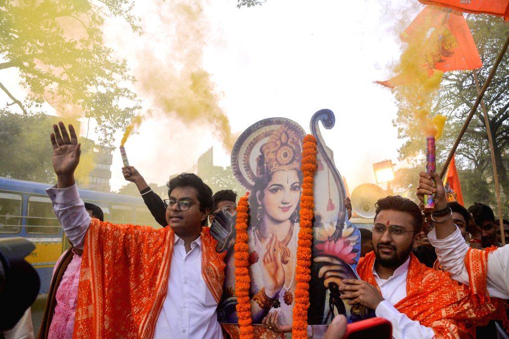 Devotees participate in a religious procession ahead of Shri Ram ...