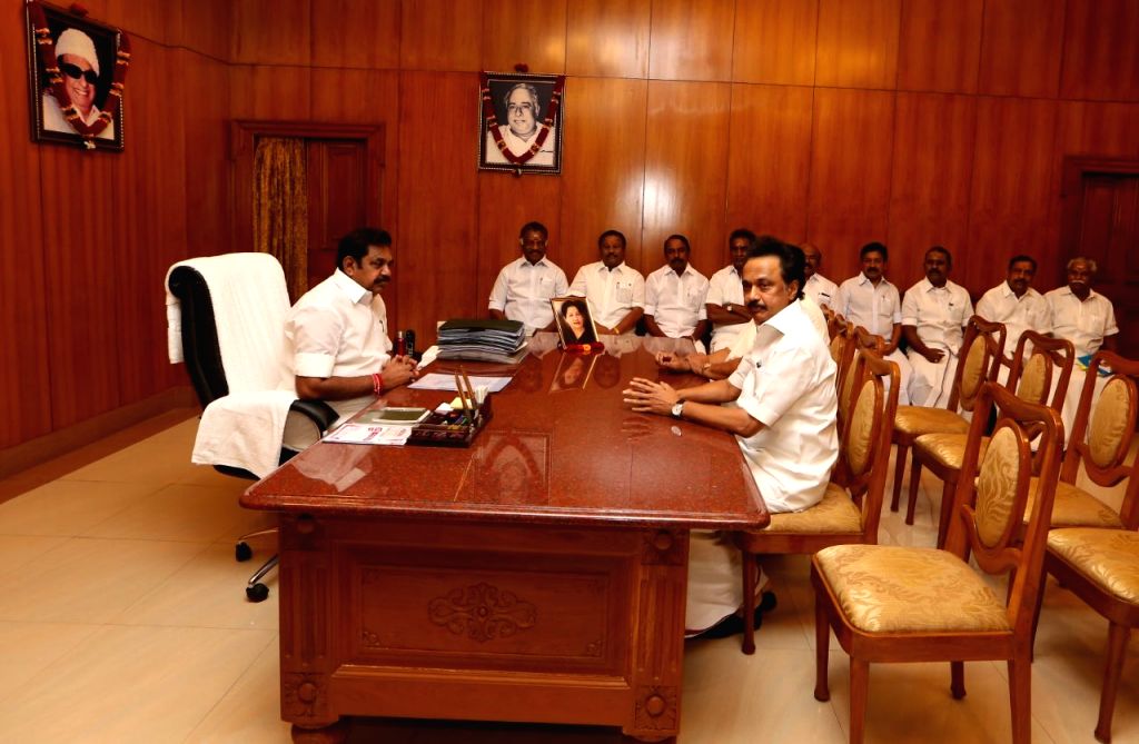 DMK leader M.K. Stalin during a meeting with Tamil Nadu Chief Minister ...