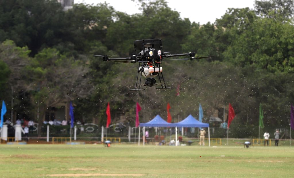 Drones hover during the Tamil Nadu Unmanned Aerial Vehicles Corporation