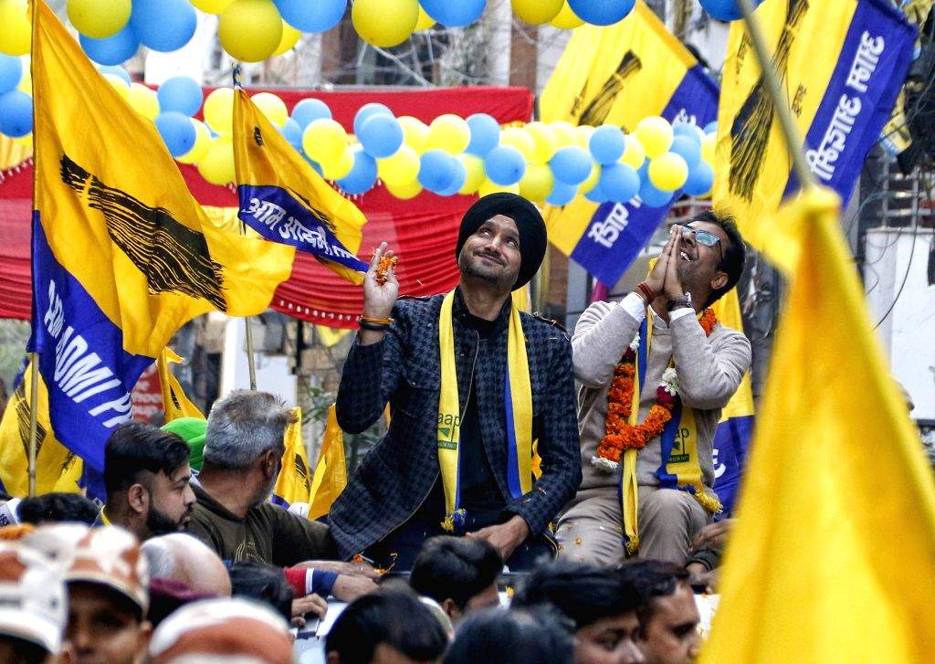 Former Indian cricketer and AAP Rajya Sabha MP Harbhajan Singh leads a ...